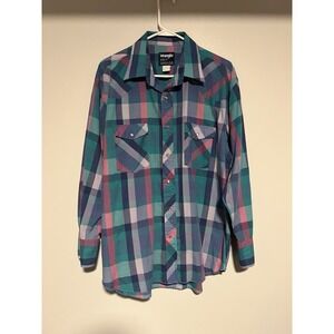 VTG Wrangler Cowboy Cut Western Pearl Snap Brushpopper Bold Pattern 17.5 34